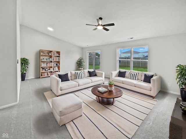 491 Westview Dr, Bargersville, IN 46106 - living room featuring vaulted ceiling, visible vents, baseboards, and ceiling fan