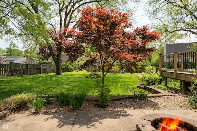 view of yard with a fenced backyard and a wooden deck