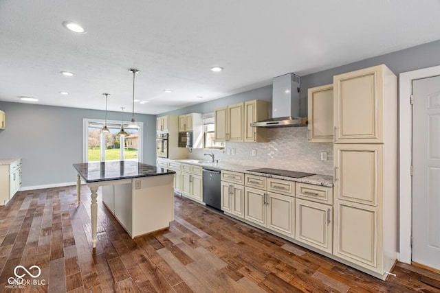 6519 Rothchild Blvd, Indianapolis, IN 46278 - kitchen with light stone countertops, wall chimney exhaust hood, cream cabinetry, and stainless steel appliances