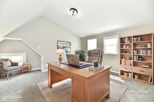 106 S Wayburn St, Indianapolis, IN 46229 - home office featuring baseboards, vaulted ceiling, and light colored carpet