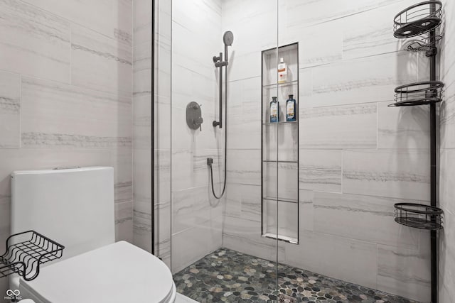 bathroom featuring a stall shower and toilet