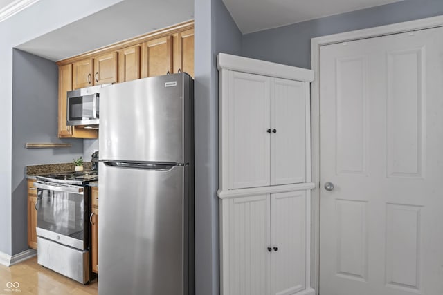 kitchen with baseboards, appliances with stainless steel finishes, and light wood-style floors