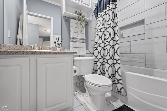 bathroom with vanity, tile patterned floors, shower / bath combo, and toilet