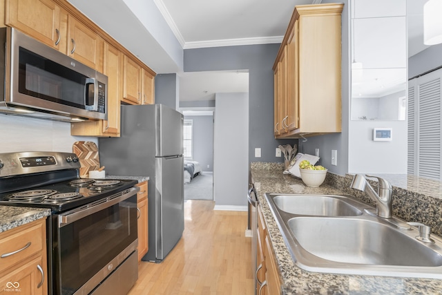 kitchen featuring ornamental molding, light wood-style floors, baseboards, a sink, and stainless steel appliances