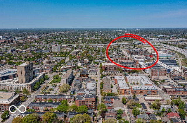 bird's eye view with a city view