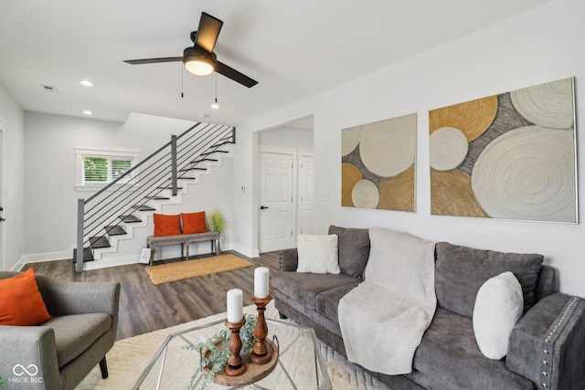 625 N Temple Ave, Indianapolis, IN 46201 - living area with stairway, wood finished floors, baseboards, a ceiling fan, and recessed lighting