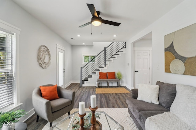 625 N Temple Ave, Indianapolis, IN 46201 - living room featuring stairway, baseboards, wood finished floors, a ceiling fan, and recessed lighting
