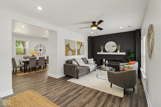 625 N Temple Ave, Indianapolis, IN 46201 - living room with ceiling fan, recessed lighting, dark wood finished floors, and baseboards