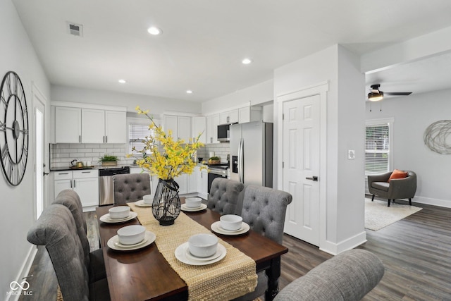 625 N Temple Ave, Indianapolis, IN 46201 - dining room featuring dark wood-style floors, baseboards, a ceiling fan, and recessed lighting