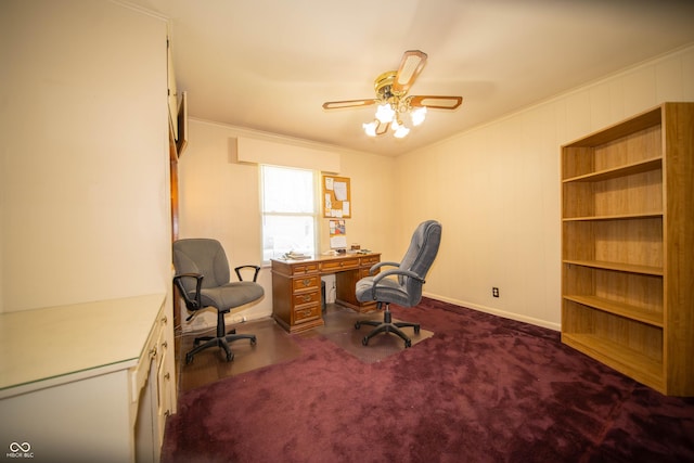 4710 E 56th St, Indianapolis, IN 46220 - home office with ornamental molding, a ceiling fan, carpet floors, and baseboards