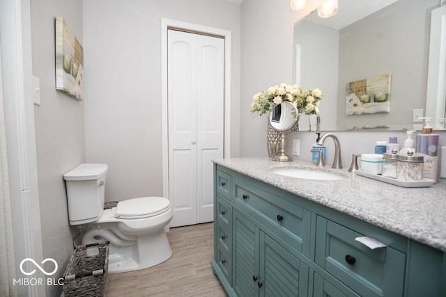 bathroom featuring wood finished floors, vanity, a closet, and toilet