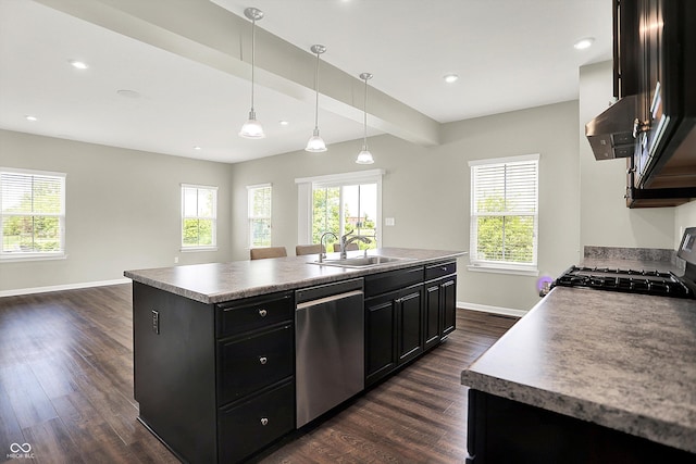 13567 Moorcroft Dr, Fishers, IN 46037 - kitchen with dishwasher, gas range oven, a sink, dark cabinets, and baseboards