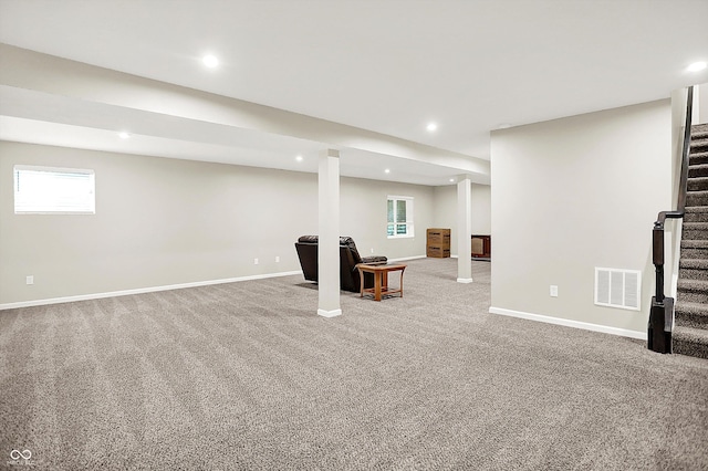 13567 Moorcroft Dr, Fishers, IN 46037 - basement featuring stairway, carpet flooring, baseboards, and recessed lighting