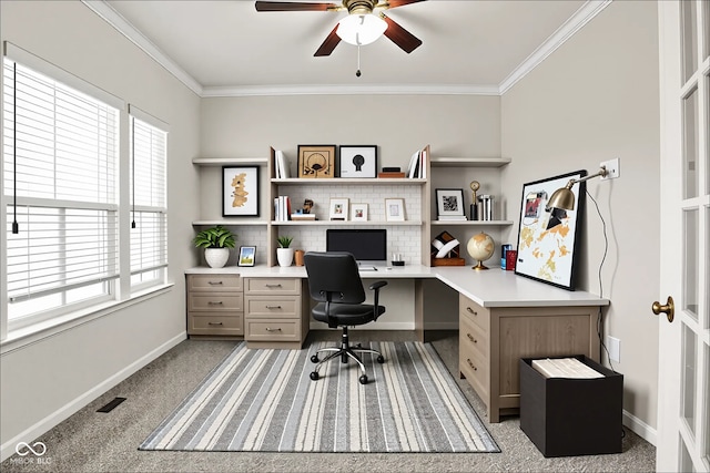 13567 Moorcroft Dr, Fishers, IN 46037 - home office with built in study area, ceiling fan, healthy amount of natural light, carpet, and ornamental molding
