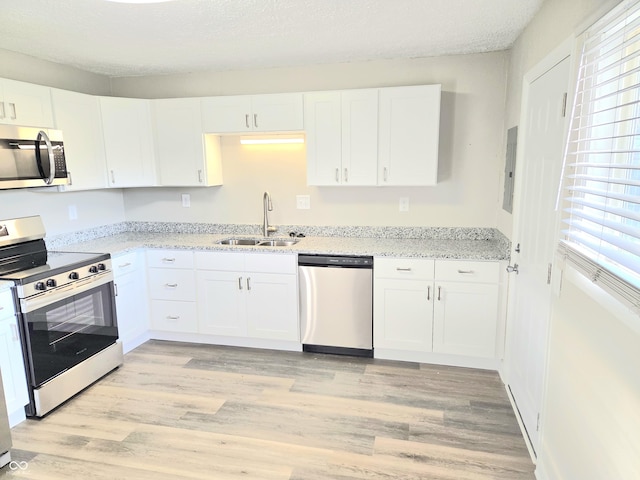 2465 N Eaton Ave, Indianapolis, IN 46219 - kitchen with stainless steel appliances, a sink, white cabinets, light wood-style floors, and electric panel