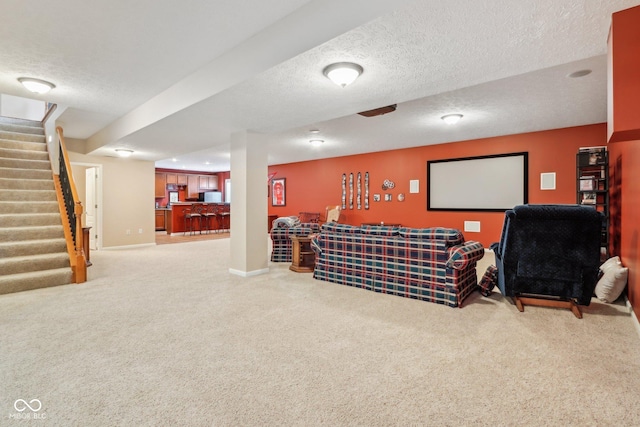 1361 Trescott Dr, Westfield, IN 46074 - living room with light colored carpet, bar, stairs, baseboards, and a textured ceiling
