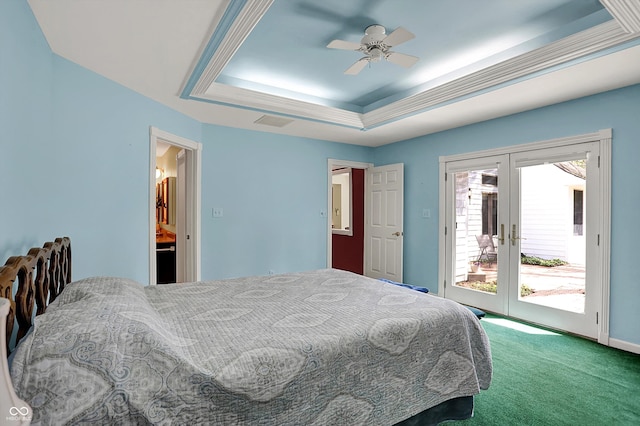 424 Orchard Blvd, Danville, IN 46122 - carpeted bedroom with french doors, access to exterior, visible vents, a ceiling fan, and a raised ceiling