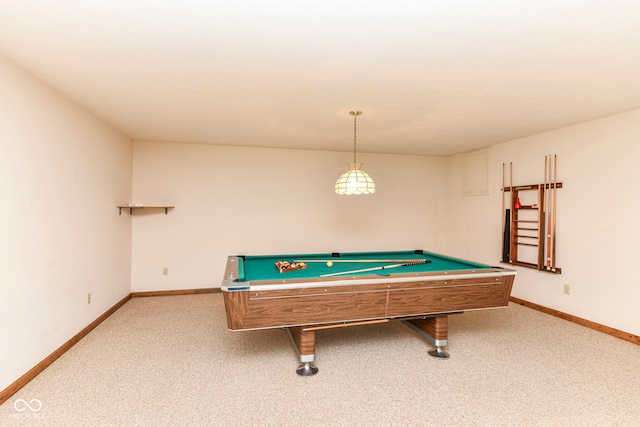 game room featuring baseboards, carpet floors, and billiards
