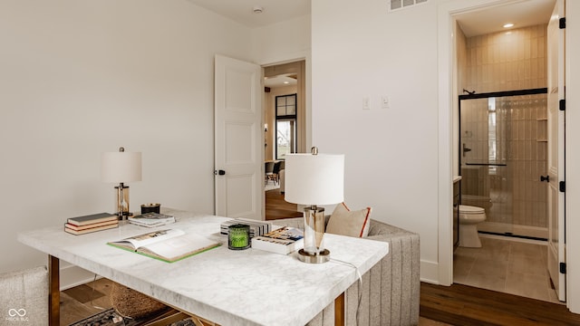 8082 Abington Way, Zionsville, IN 46077 - home office with dark wood-type flooring, visible vents, and recessed lighting