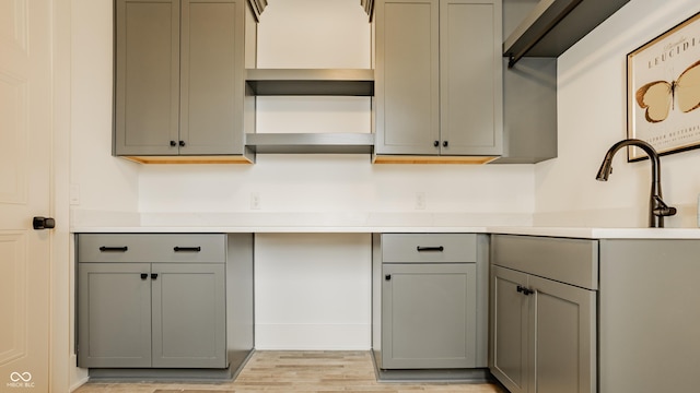 8082 Abington Way, Zionsville, IN 46077 - kitchen featuring open shelves, light countertops, light wood finished floors, and gray cabinets