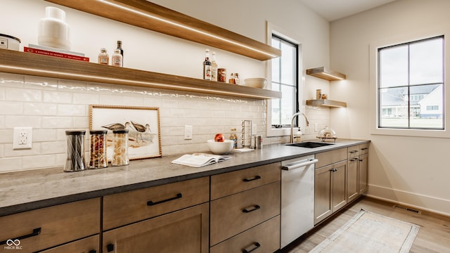 8082 Abington Way, Zionsville, IN 46077 - bar with stainless steel dishwasher, a sink, tasteful backsplash, light wood-type flooring, and visible vents