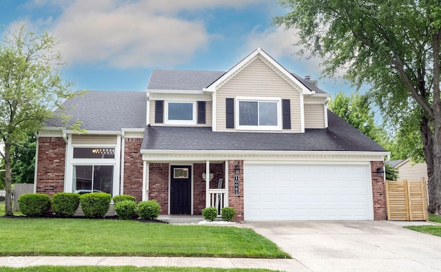 traditional-style home featuring brick siding, driveway, and roof with shingles