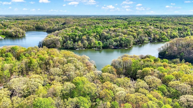 aerial view featuring a water view and a view of trees