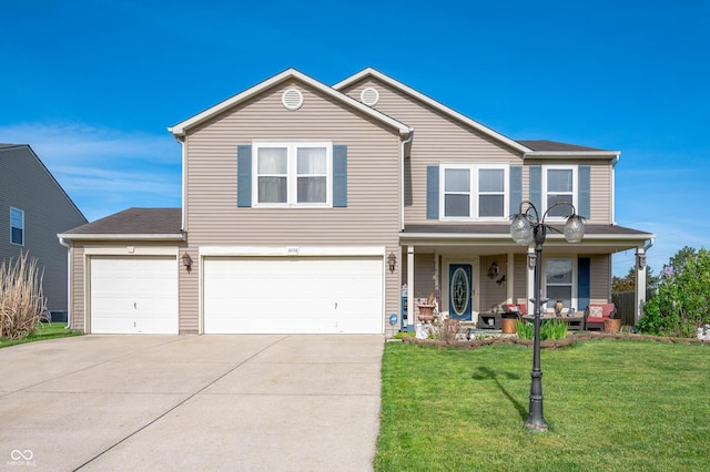 view of front facade with a garage, covered porch, concrete driveway, and a front lawn