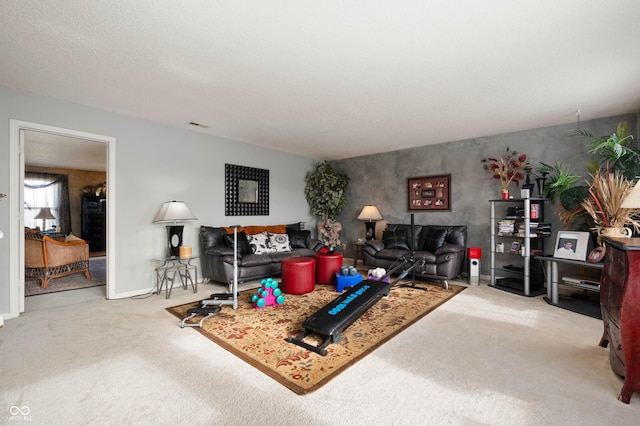 living room featuring carpet floors and visible vents