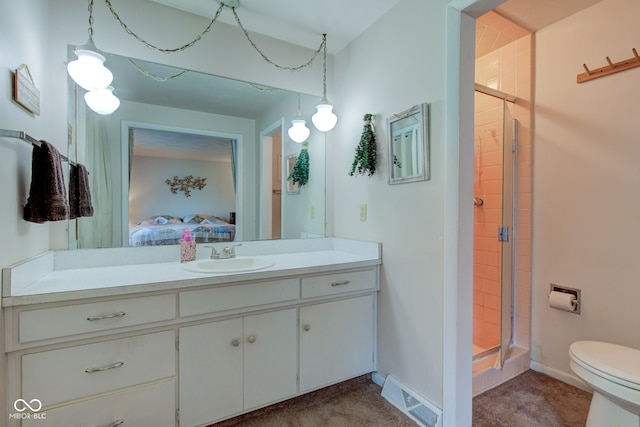 ensuite bathroom with toilet, ensuite bath, visible vents, and a stall shower