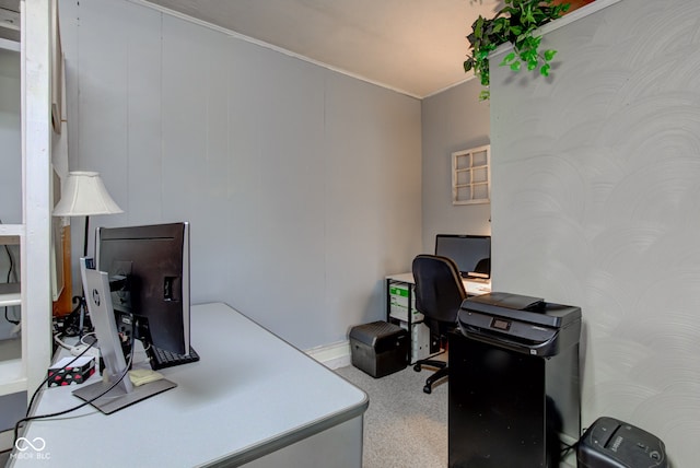 office featuring baseboards, carpet, and crown molding