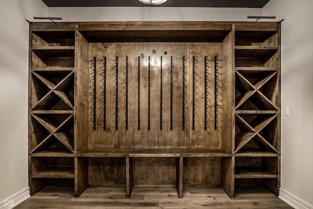 wine cellar featuring baseboards and wood finished floors