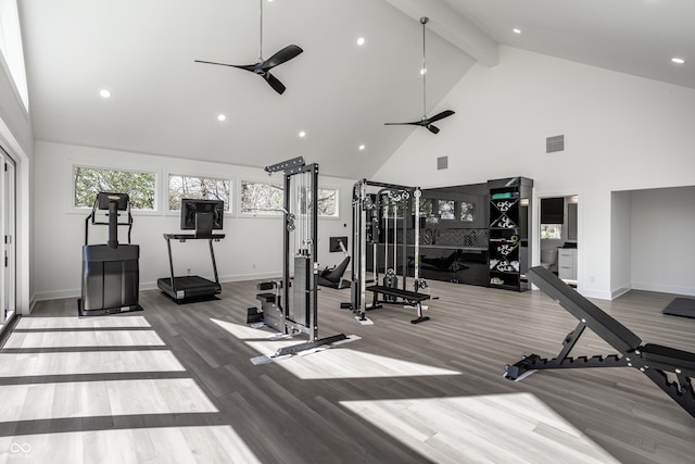 1995 W 116th St, Carmel, IN 46032 - gym with visible vents, wood finished floors, baseboards, ceiling fan, and high vaulted ceiling