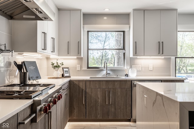 1995 W 116th St, Carmel, IN 46032 - kitchen featuring decorative backsplash, stainless steel gas cooktop, modern cabinets, range hood, and a sink