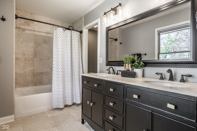 1995 W 116th St, Carmel, IN 46032 - bathroom featuring a sink, tile patterned floors, double vanity, and shower / tub combo with curtain
