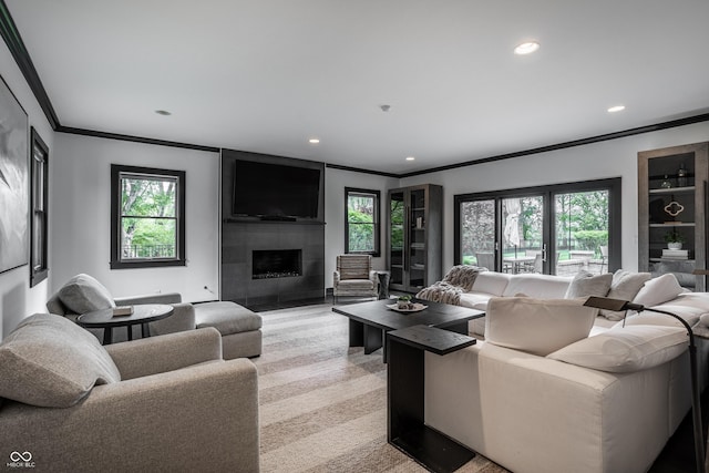 1995 W 116th St, Carmel, IN 46032 - living room featuring recessed lighting, ornamental molding, and a fireplace