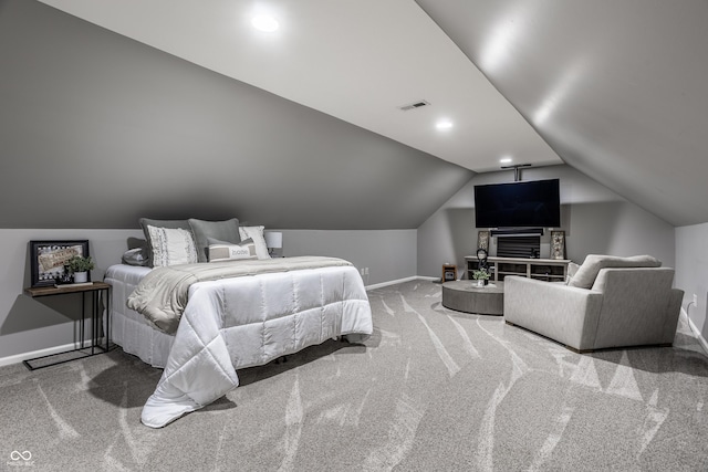 1995 W 116th St, Carmel, IN 46032 - carpeted bedroom with baseboards, visible vents, and vaulted ceiling