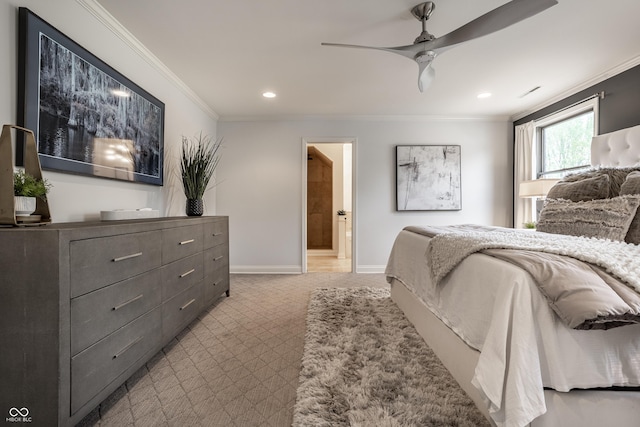 1995 W 116th St, Carmel, IN 46032 - carpeted bedroom featuring baseboards, ornamental molding, ensuite bathroom, and recessed lighting