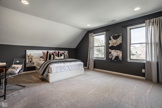 1995 W 116th St, Carmel, IN 46032 - carpeted bedroom with recessed lighting, baseboards, visible vents, and vaulted ceiling