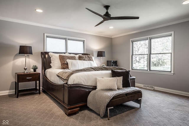 1995 W 116th St, Carmel, IN 46032 - carpeted bedroom featuring visible vents, ornamental molding, and recessed lighting