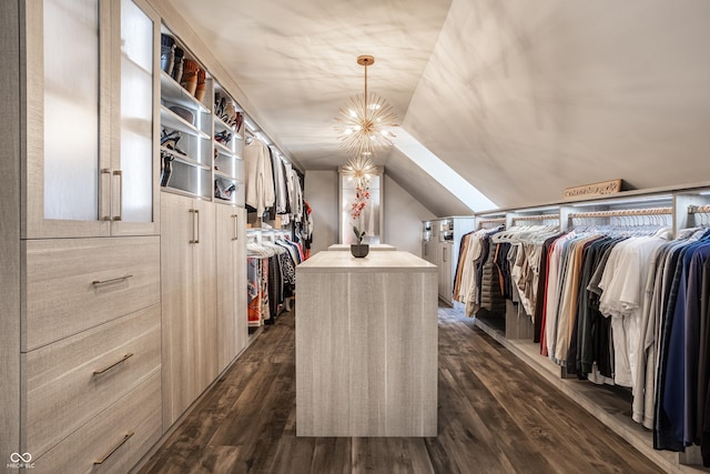 1995 W 116th St, Carmel, IN 46032 - walk in closet with vaulted ceiling, dark wood-style floors, and an inviting chandelier