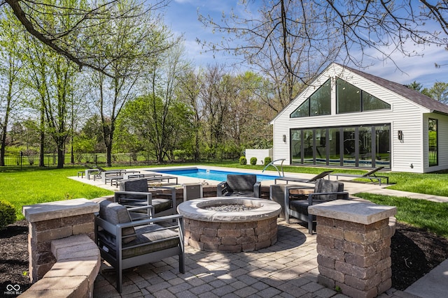 1995 W 116th St, Carmel, IN 46032 - view of patio featuring fence, an outdoor pool, and an outdoor fire pit