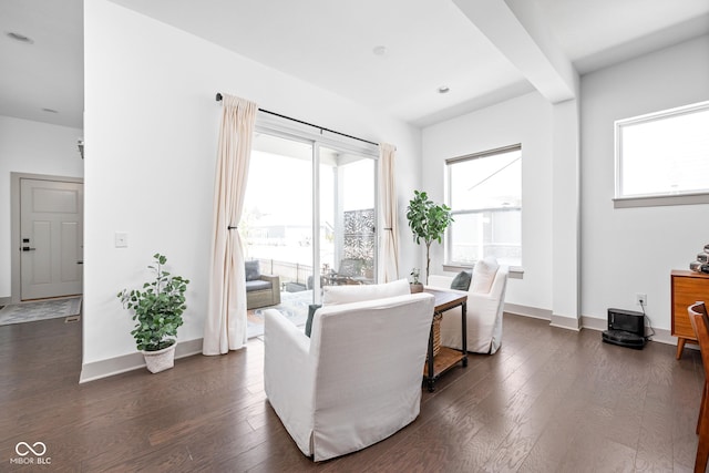 living area with baseboards and dark wood-style floors