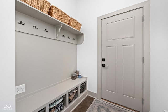 mudroom featuring baseboards and dark wood-type flooring