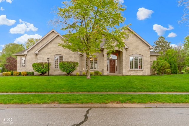 view of front facade featuring a front lawn and stone siding