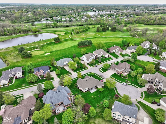bird's eye view featuring a residential view, a water view, and golf course view