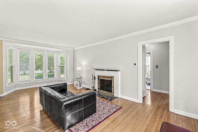 5747 Allisonville Rd, Indianapolis, IN 46220 - living room featuring baseboards, ornamental molding, wood finished floors, and a fireplace
