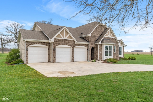 52 E 286th St, Atlanta, IN 46031 - view of front of house featuring concrete driveway, a front lawn, a shingled roof, a garage, and brick siding