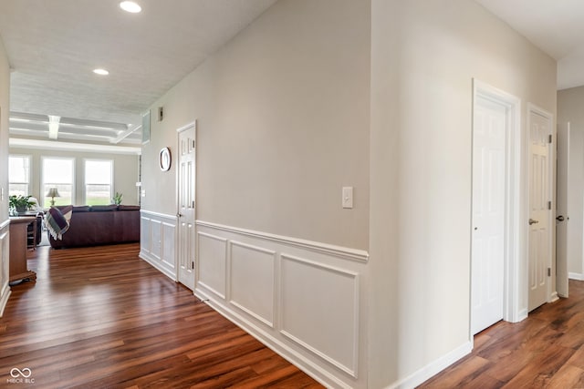 52 E 286th St, Atlanta, IN 46031 - hallway with a wainscoted wall, dark wood-style floors, recessed lighting, and a decorative wall