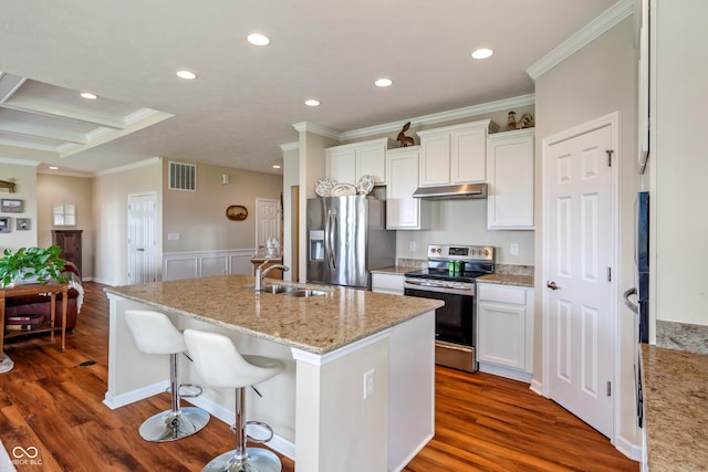 52 E 286th St, Atlanta, IN 46031 - kitchen with a sink, under cabinet range hood, stainless steel appliances, ornamental molding, and visible vents